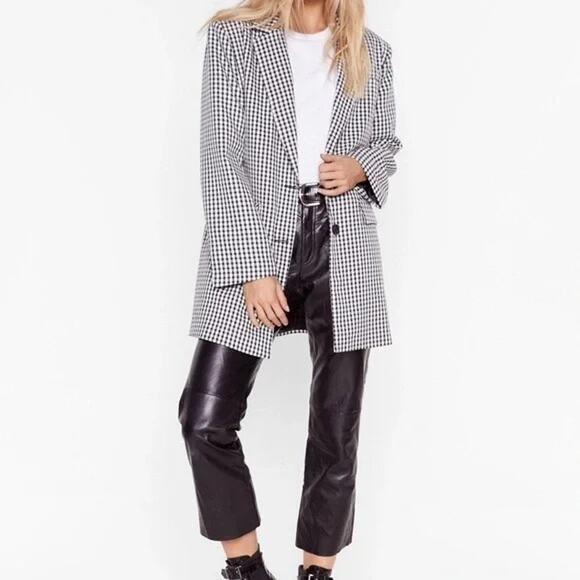 NASTY GAL Dog Days Oversized Black & White Houndstooth Blazer Size 14 - Picture 2 of 15